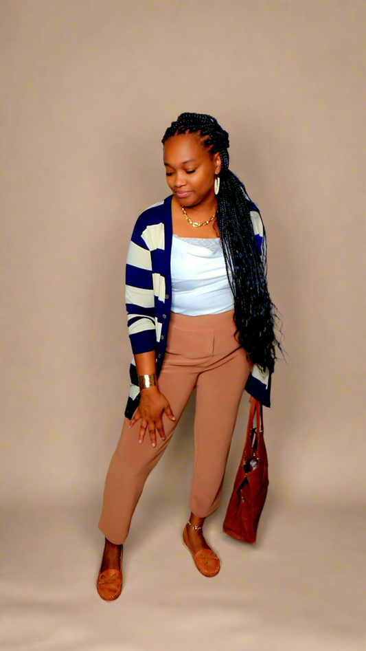 blue and ivory striped cardigan with pockets 1