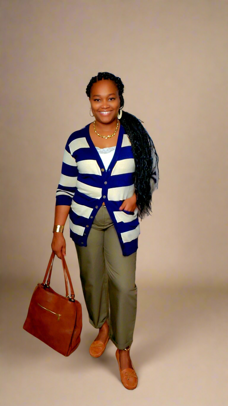 blue and ivory striped cardigan with pockets 3
