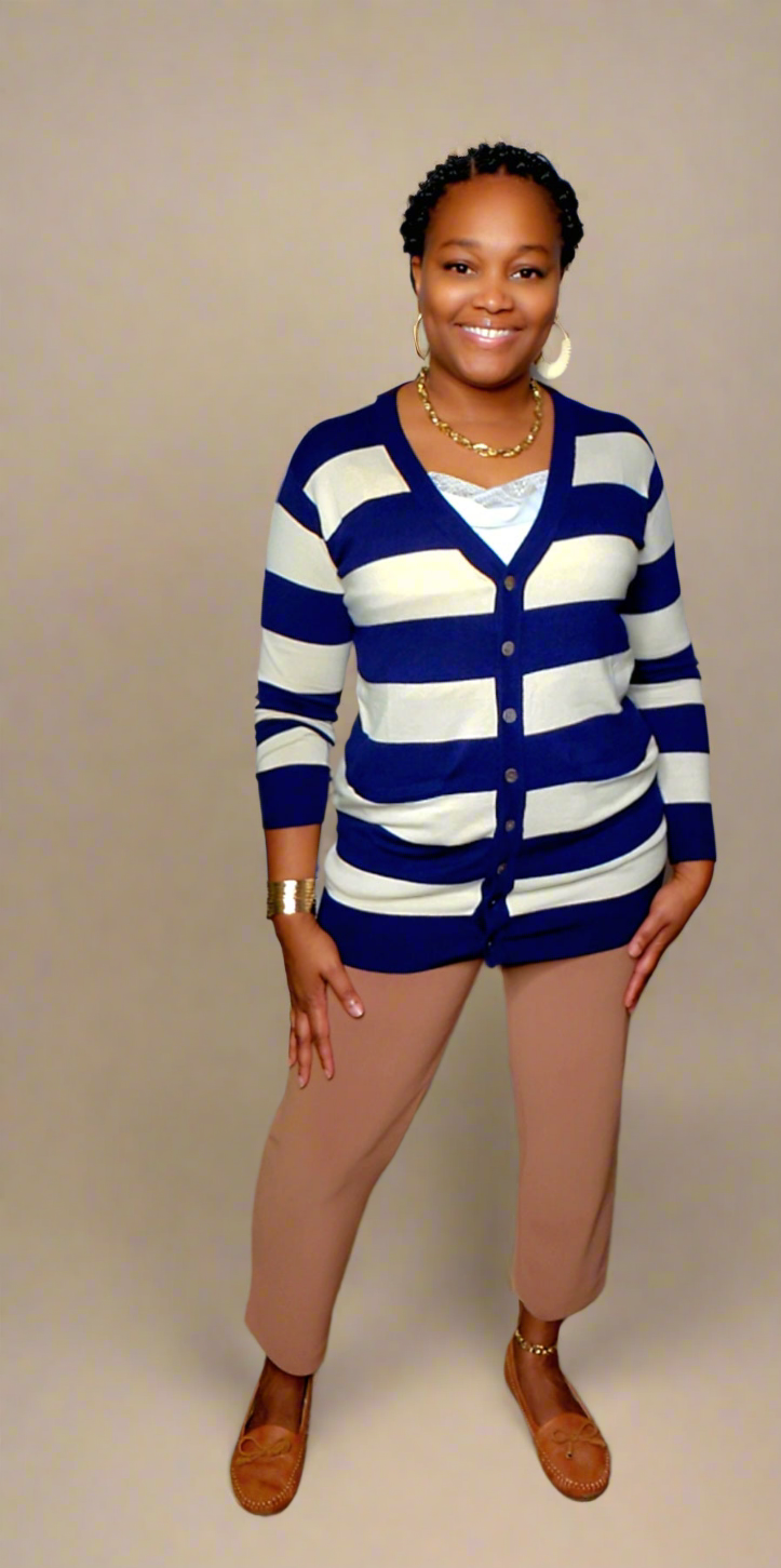 blue and ivory striped cardigan with pockets 4