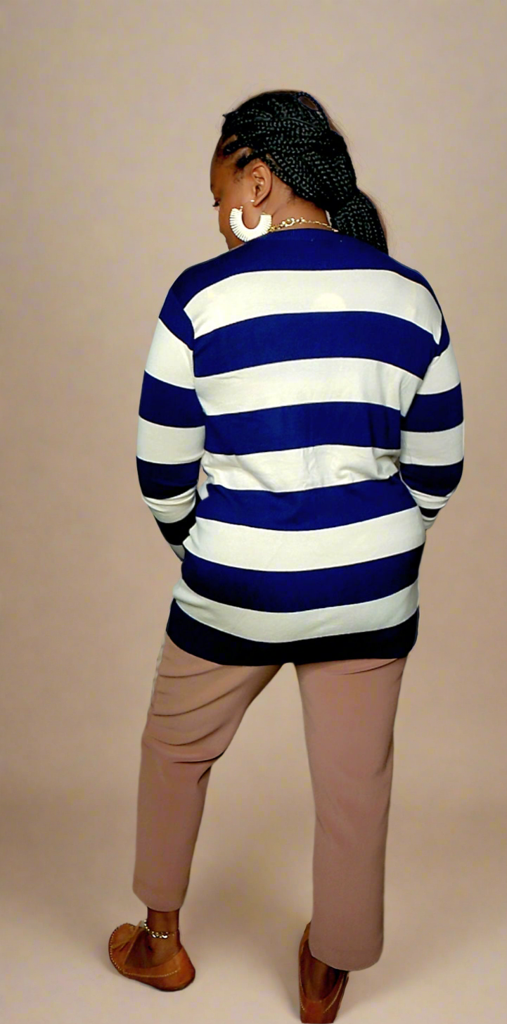 blue and ivory striped cardigan with pockets 5