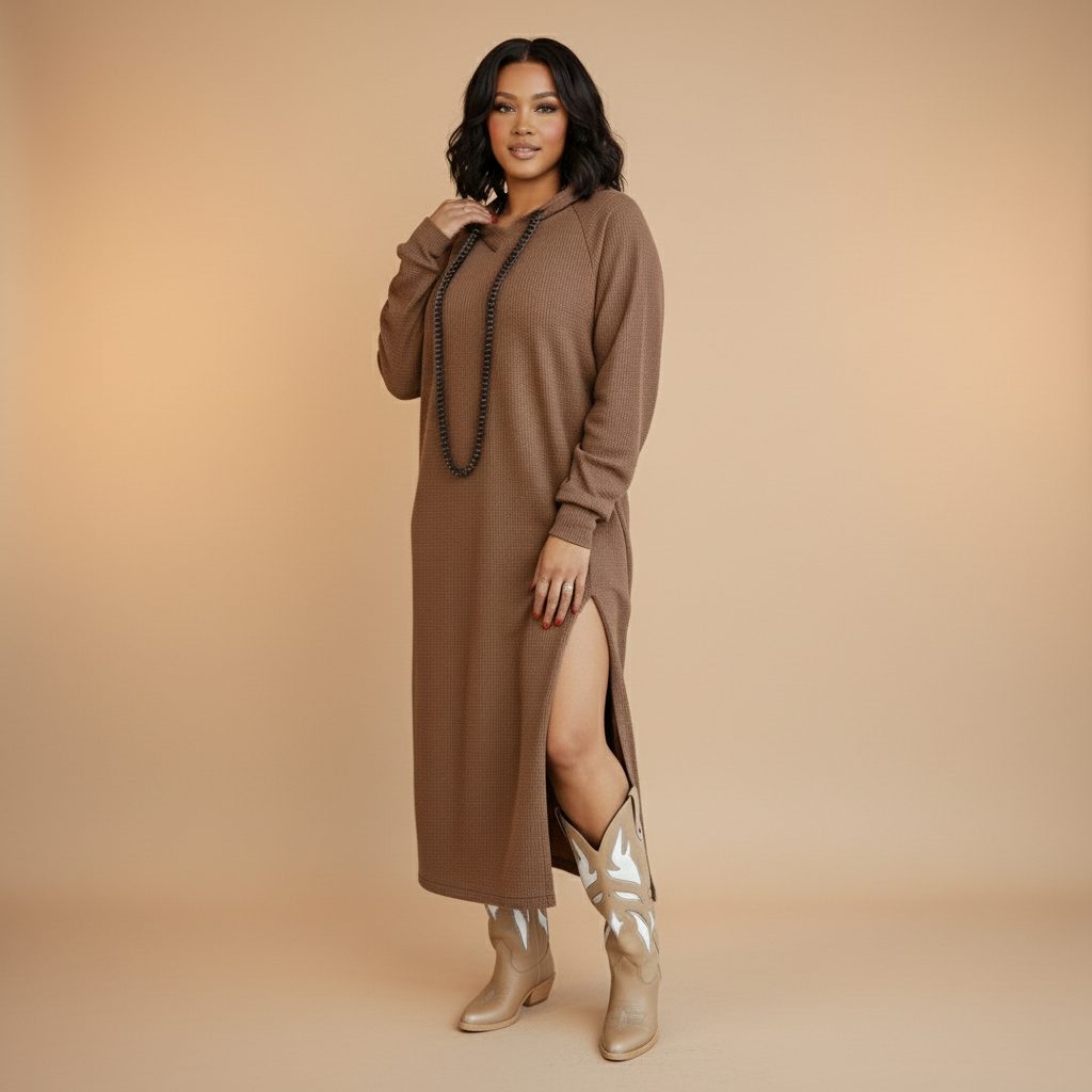 Woman wearing a brown dress with a slit and metallic boots on a beige background