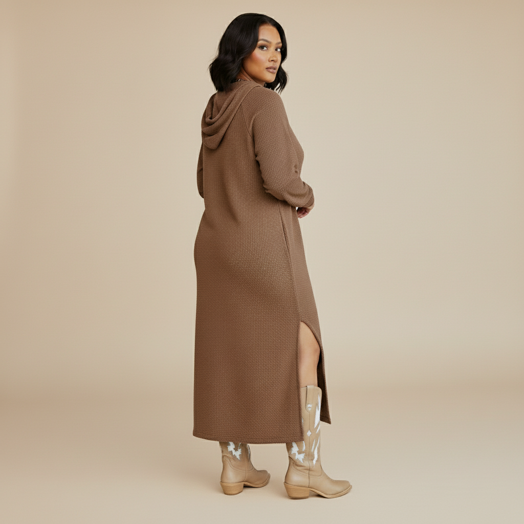 Woman wearing a long brown coat with a slit on a plain background