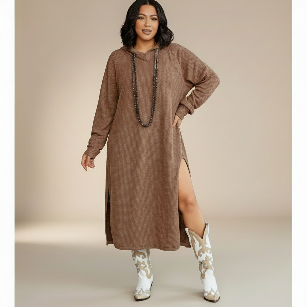 Woman wearing a brown dress with a slit and white patterned boots on a beige background