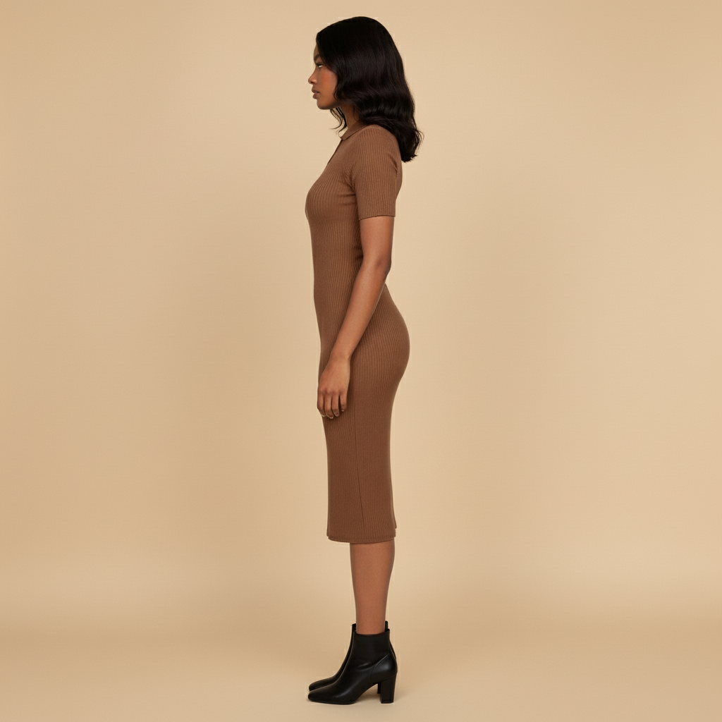 Woman wearing a brown dress against a beige background