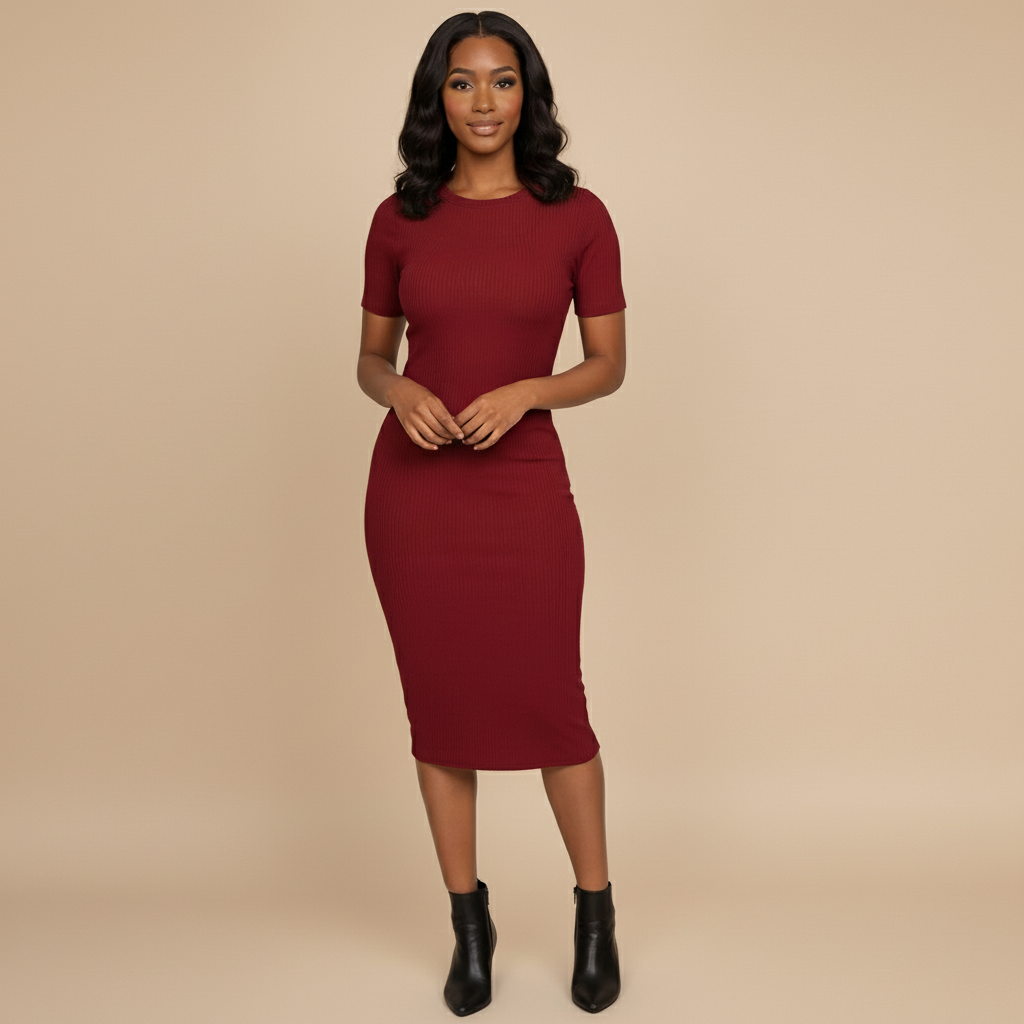 Woman wearing a red dress against a beige background