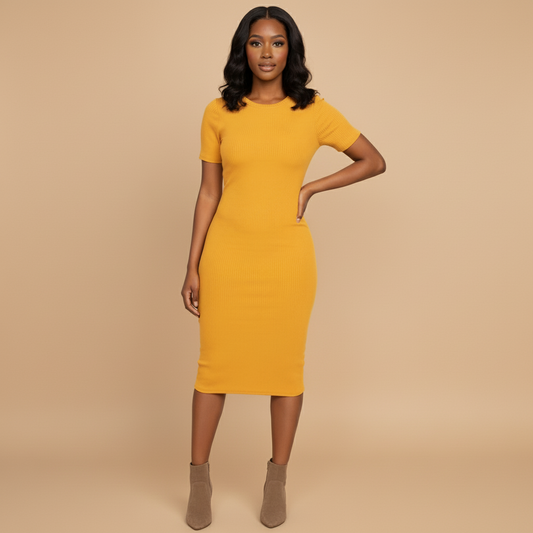 Woman wearing a mustard yellow dress on a white background