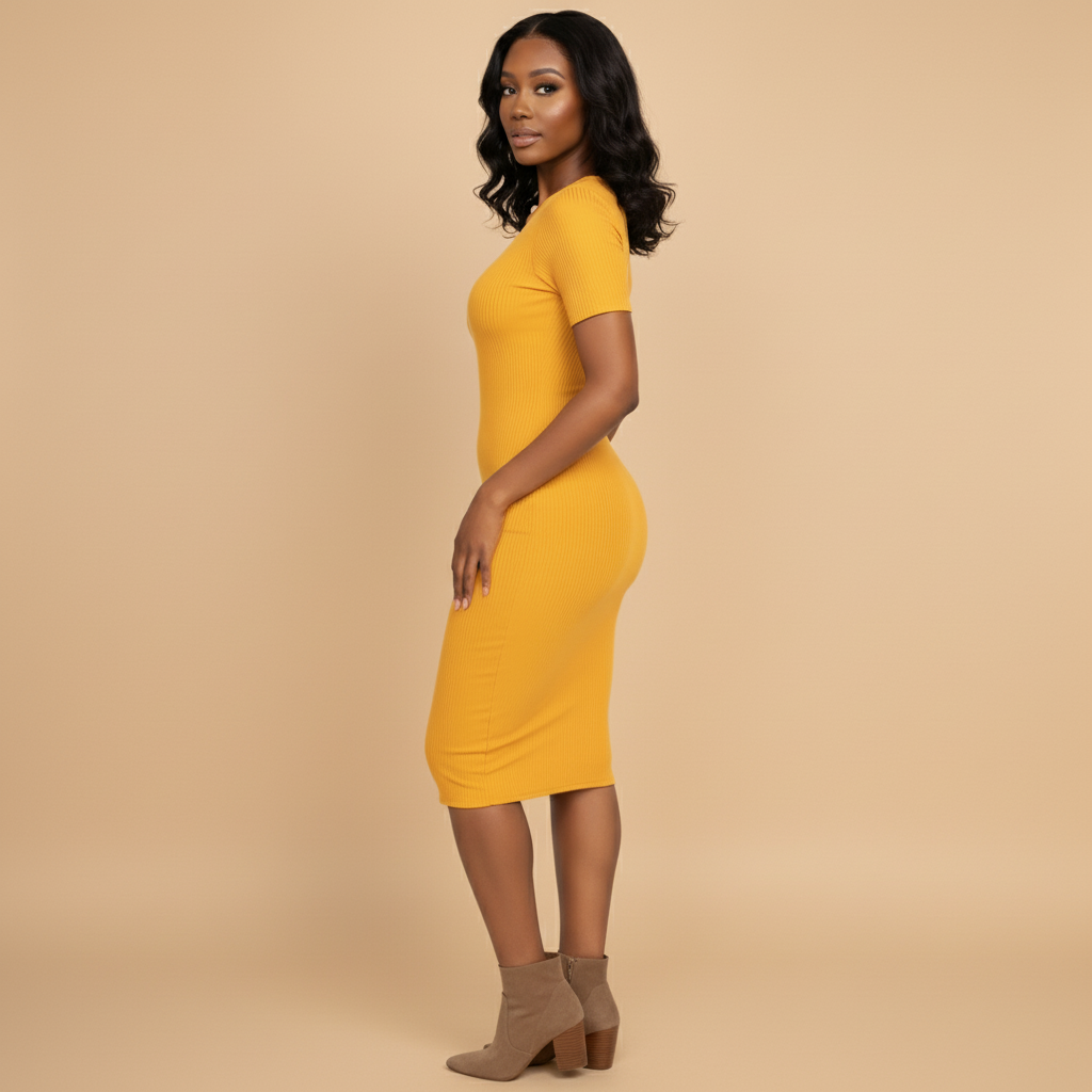 Woman wearing a yellow dress against a beige background