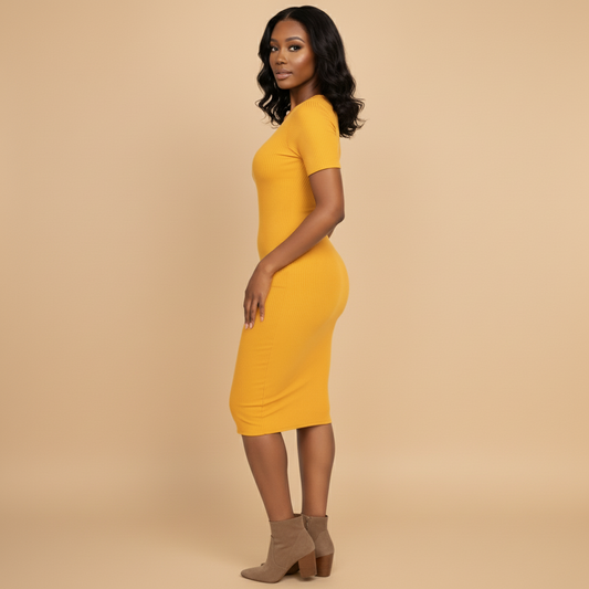 Woman wearing a yellow dress against a beige background
