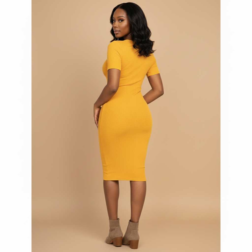 Woman wearing a yellow dress against a beige background