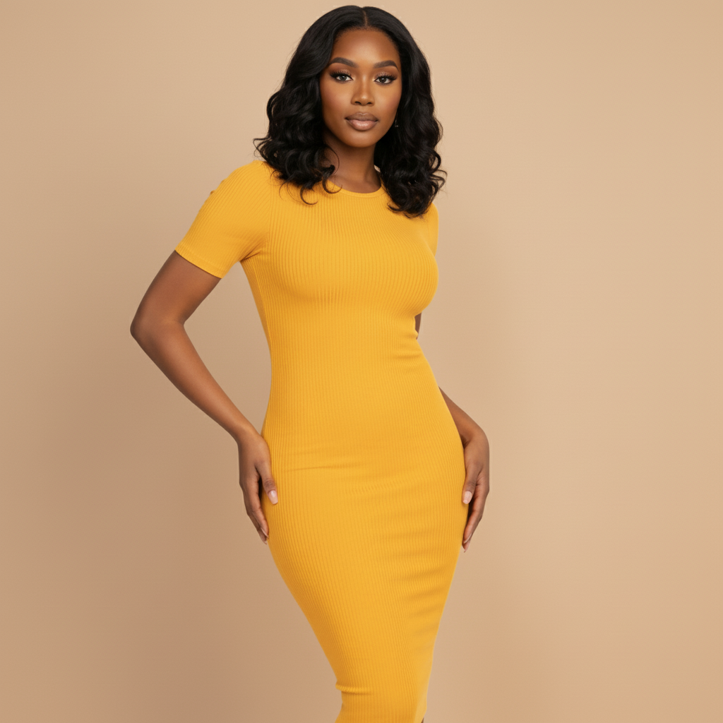 Woman wearing a yellow dress against a beige background