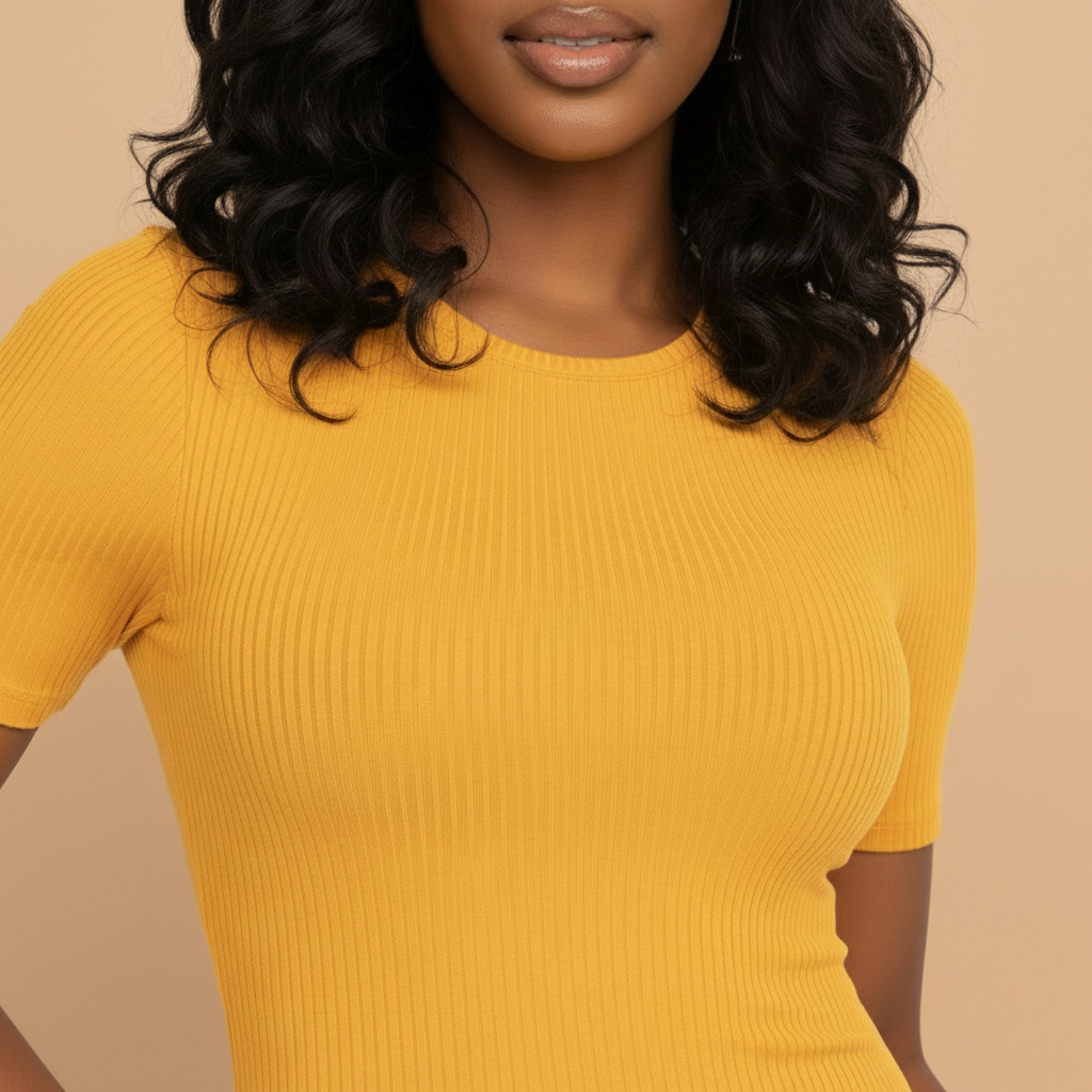 Woman wearing a yellow ribbed top against a beige background