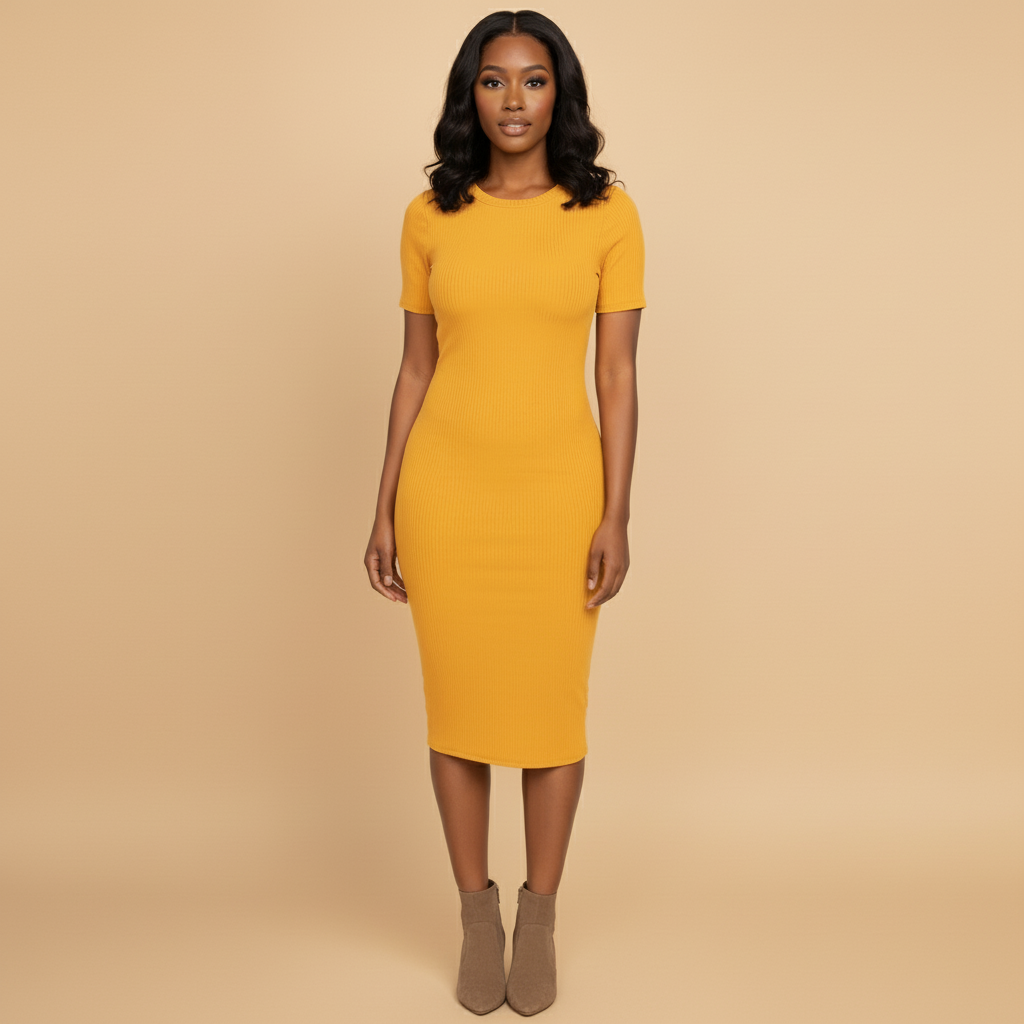 Woman wearing a mustard yellow dress on a white background