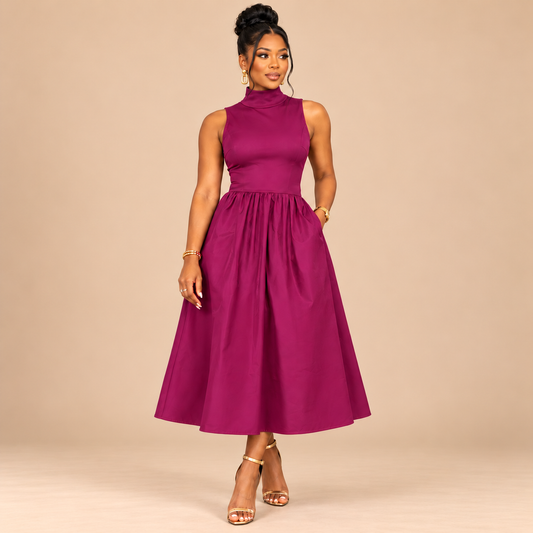 Sleeveless Mock Neck Midi Dress Fuchsia