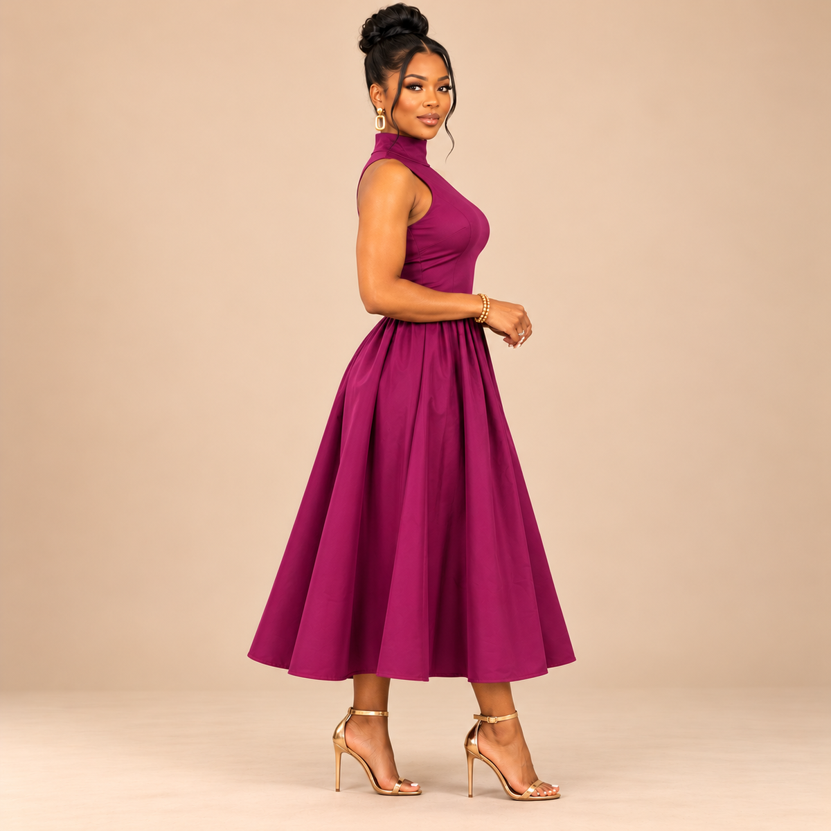 Sleeveless Mock Neck Midi Dress Fuchsia
