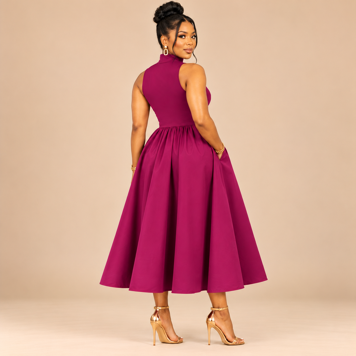 Sleeveless Mock Neck Midi Dress Fuchsia