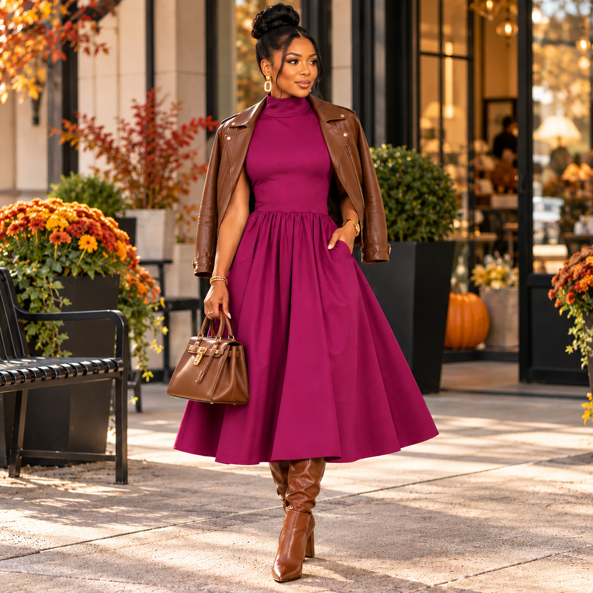 Sleeveless Mock Neck Midi Dress Fuchsia