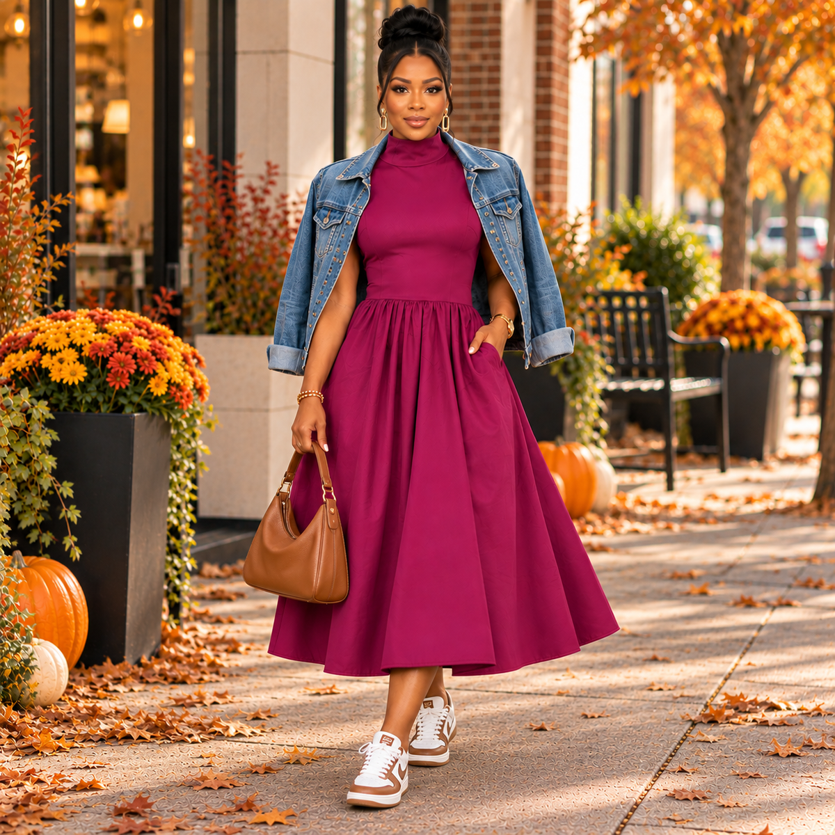 Sleeveless Mock Neck Midi Dress Fuchsia