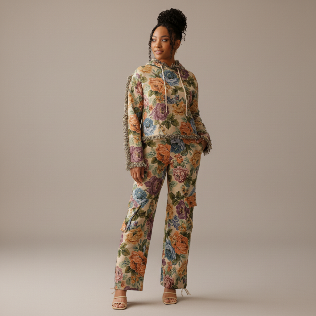 Woman wearing a floral outfit on a beige background