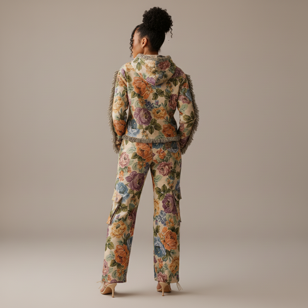 Person wearing a floral patterned outfit on a beige background