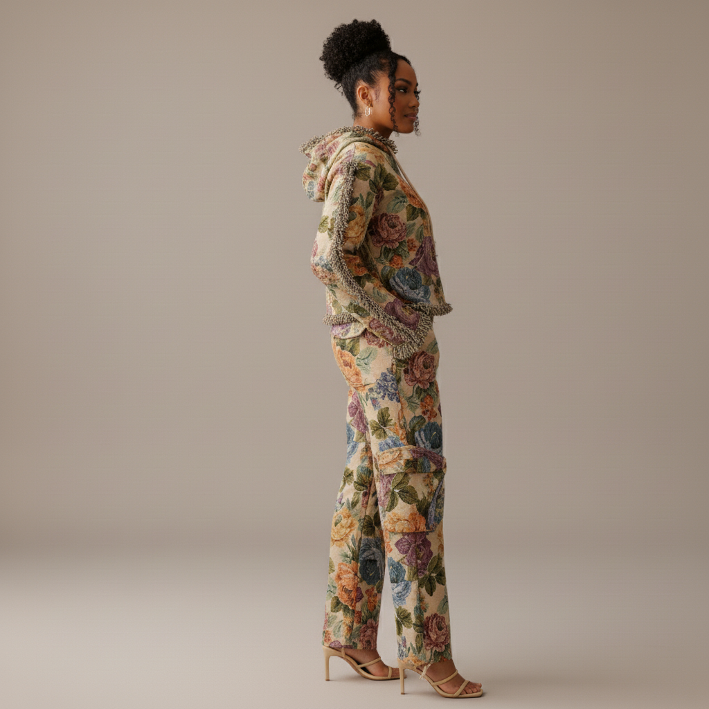 Woman wearing a floral outfit on a beige background