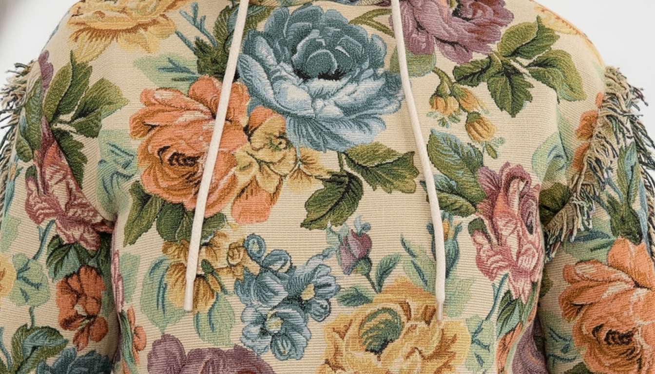 Floral-patterned hoodie with drawstrings on a beige background