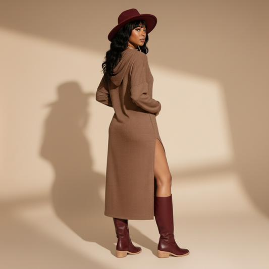 Woman wearing a brown dress with a slit, maroon hat, and boots on a white background