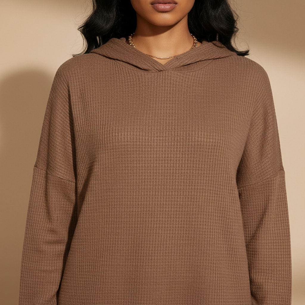 Brown textured sweater worn by a person on a beige background