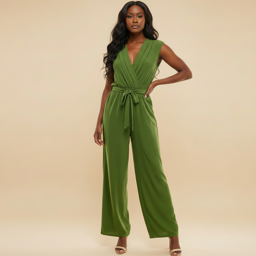 TIE WAIST WRAP JUMPSUIT (Olive Green)