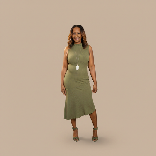 Kelley Mock Neck Drop Waist Sleeveless Dress (Olive)