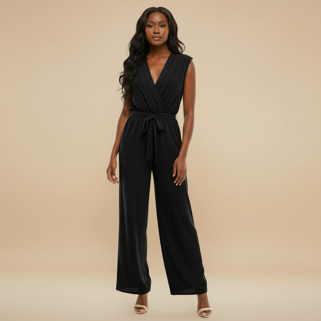 TIE WAIST WRAP JUMPSUIT (Black)