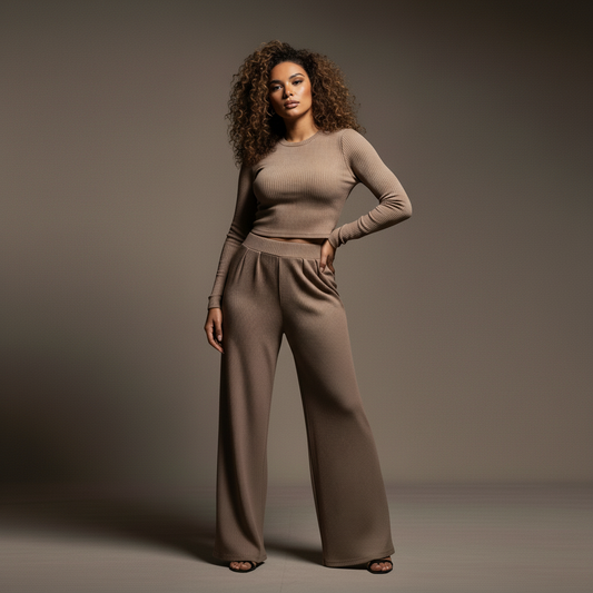 Long Sleeve Cropped Top & Pants Set -Mocha