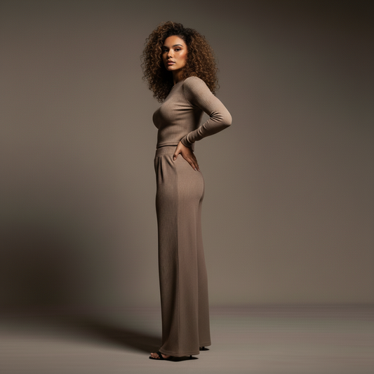 Long Sleeve Cropped Top & Pants Set -Mocha