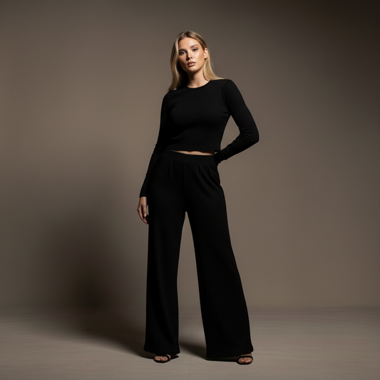 Long Sleeve Cropped Top & Pants Set - Black