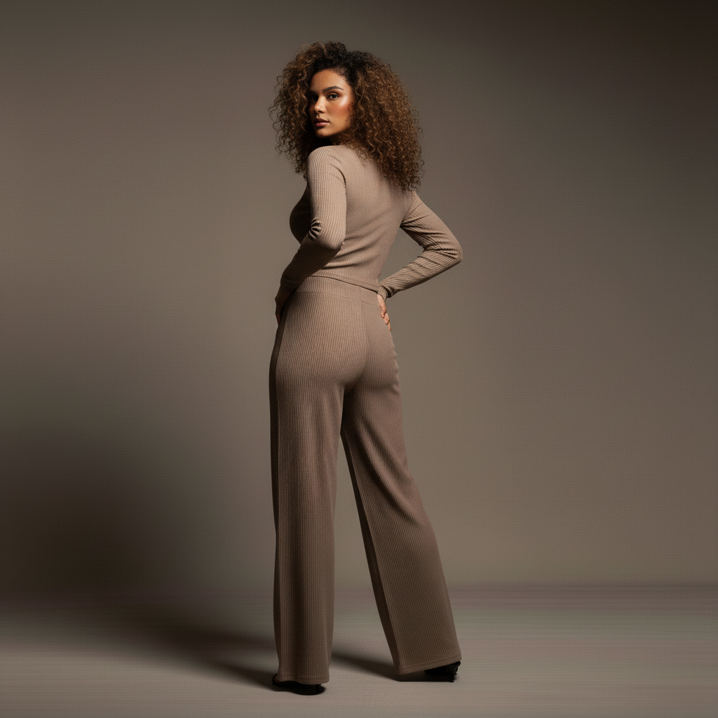 Long Sleeve Cropped Top & Pants Set -Mocha