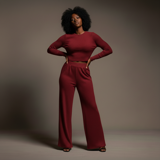Long Sleeve Cropped Top & Pants Set - Burgundy