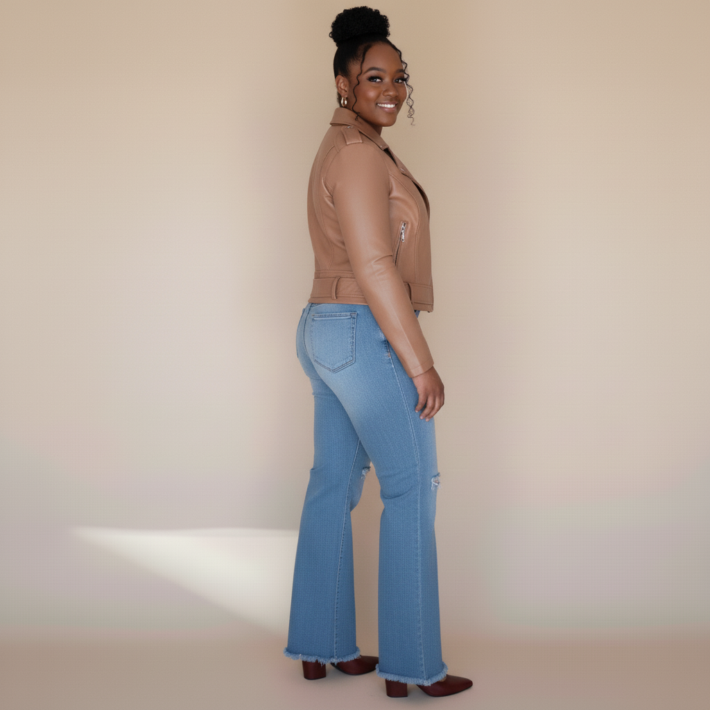 Woman wearing a brown jacket and blue jeans against a beige background