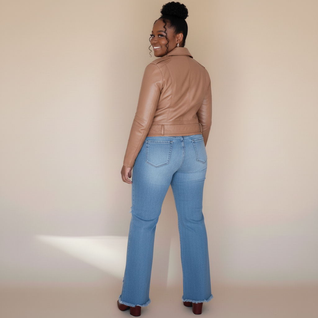 Woman wearing a brown leather jacket and blue jeans against a beige background