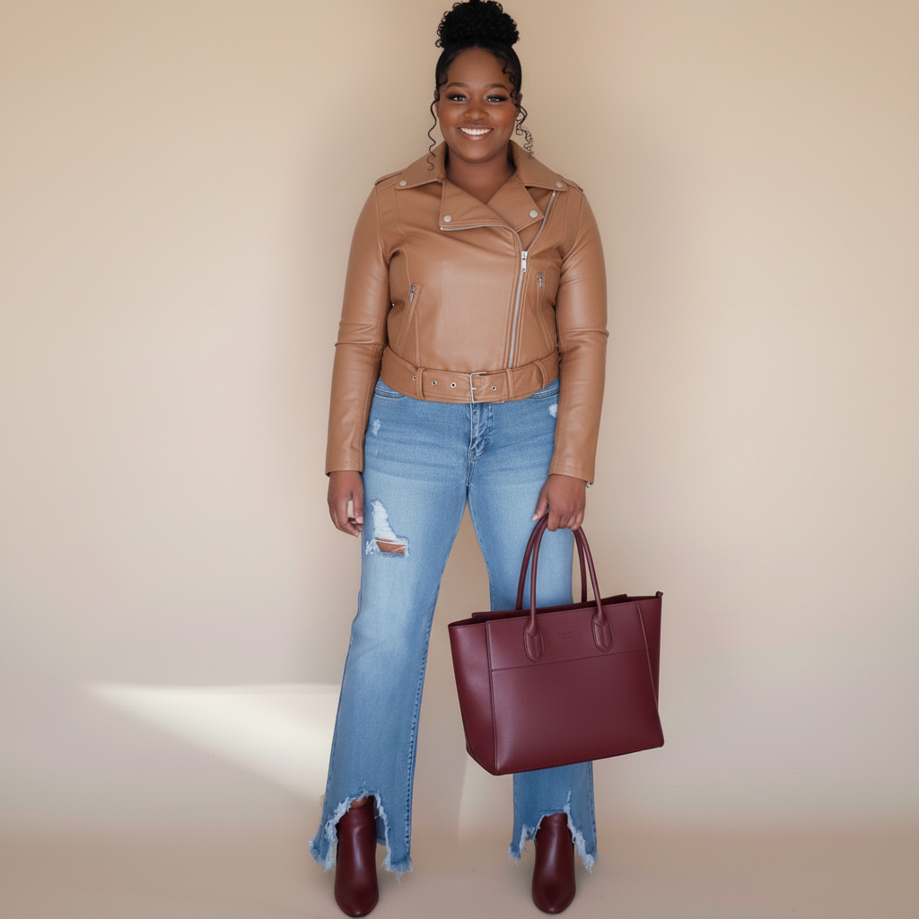 Woman wearing a brown leather jacket, blue jeans, and holding a maroon handbag against a beige background