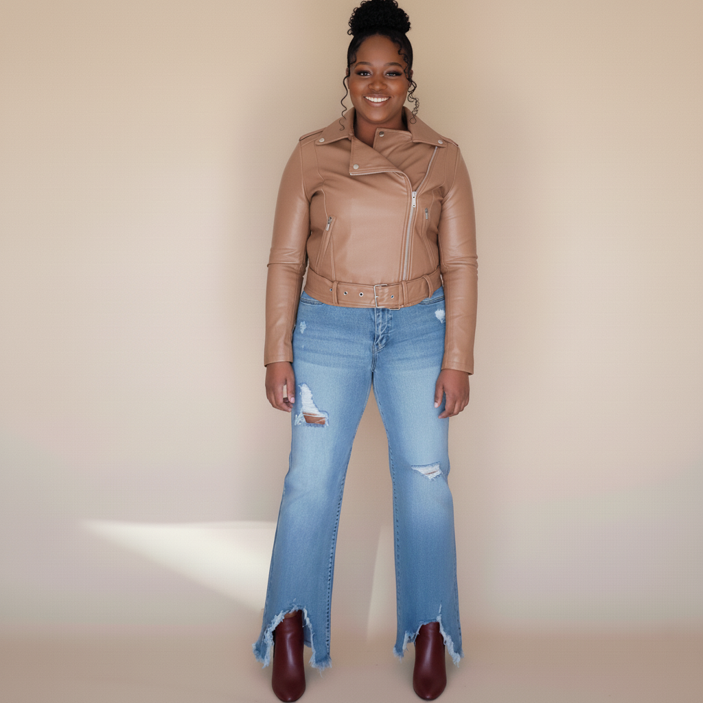 Woman wearing a brown leather jacket and light blue jeans against a beige background