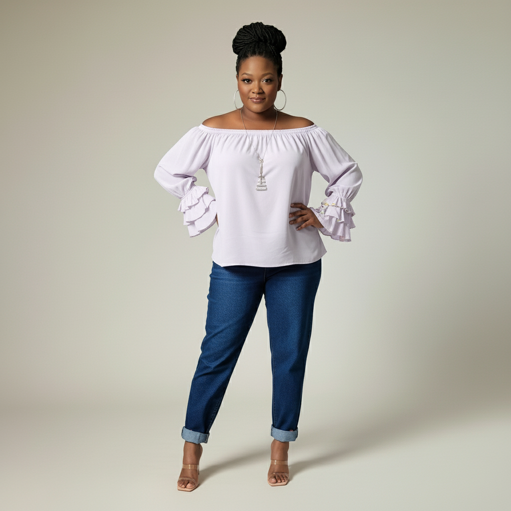 Woman wearing a lilac off-shoulder blouse and blue jeans against a plain background