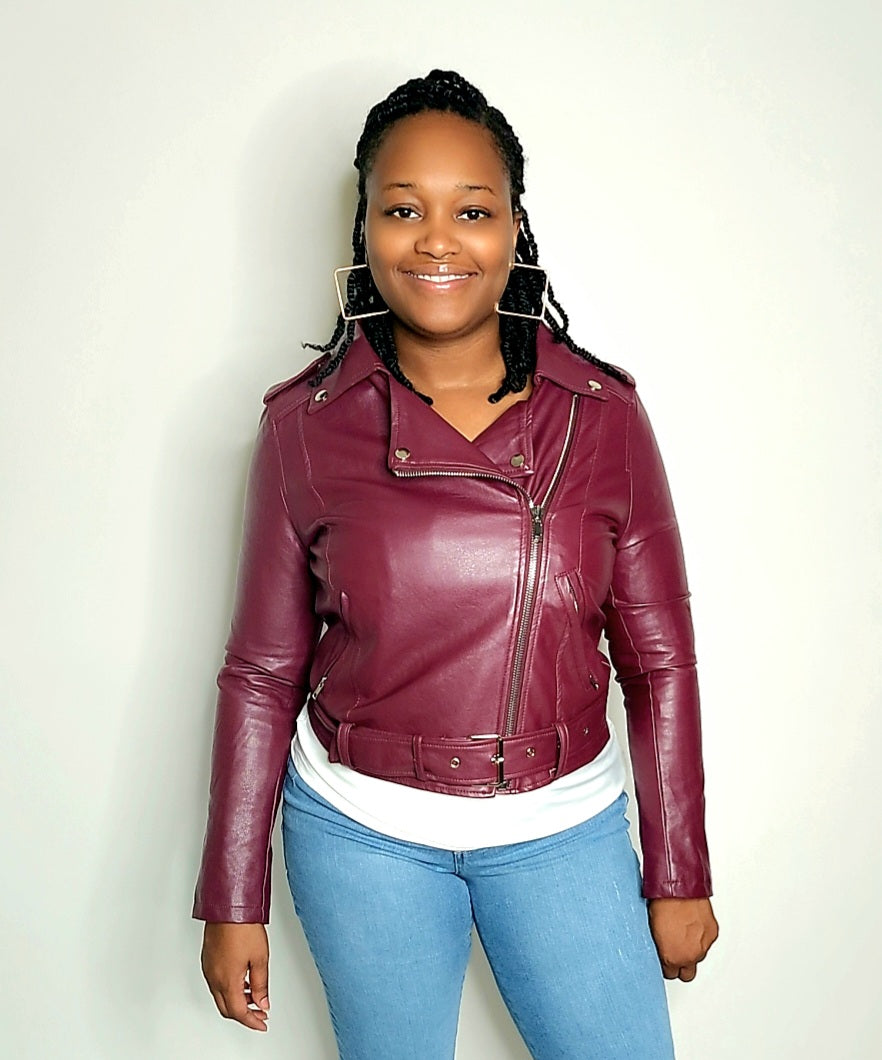 Faux Leather Moto Jacket (Burgundy)