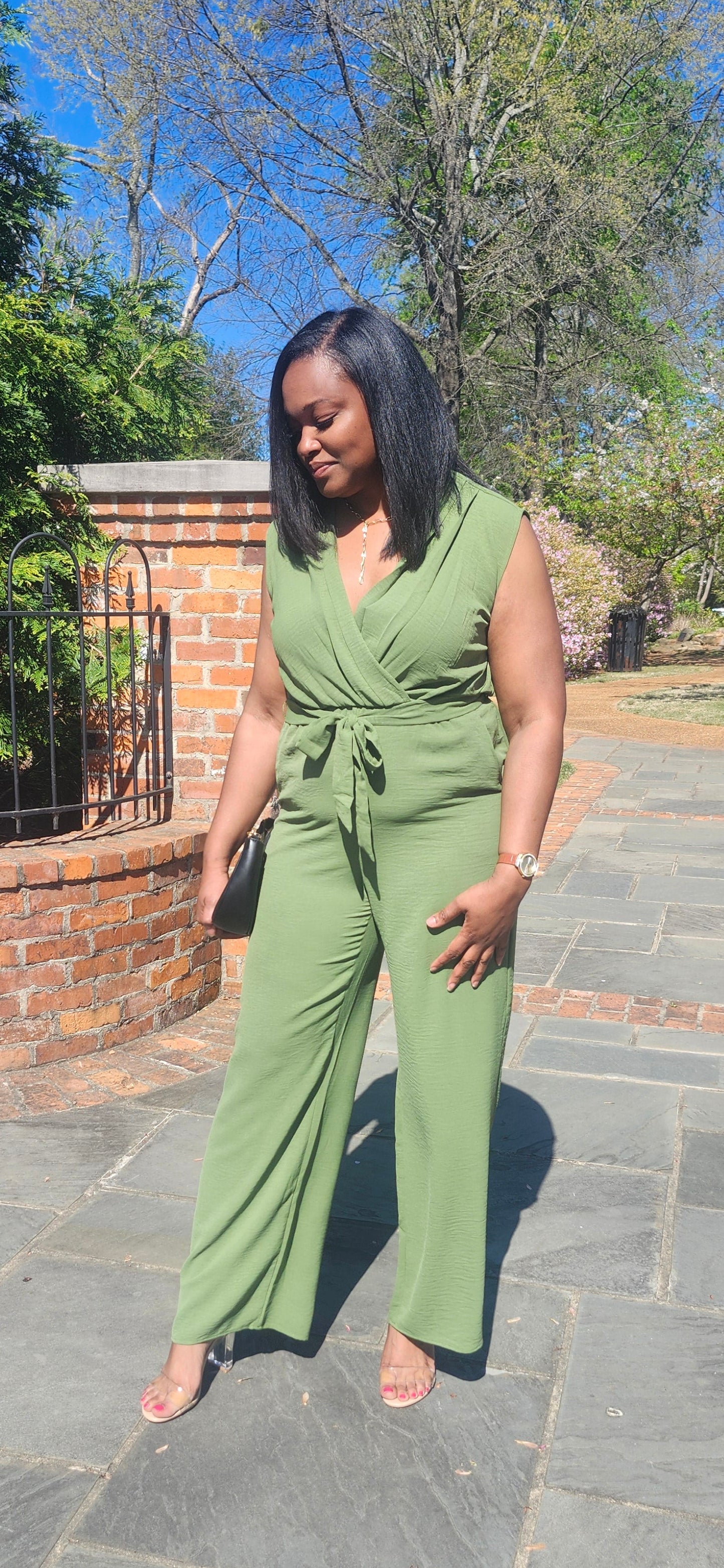 TIE WAIST WRAP JUMPSUIT (Olive Green)