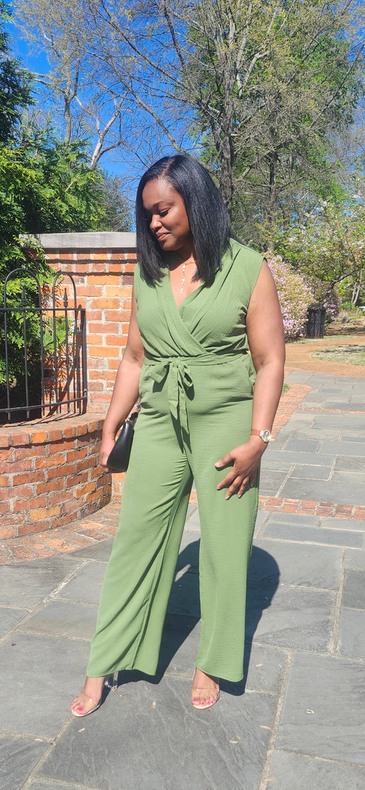 TIE WAIST WRAP JUMPSUIT (Olive Green)