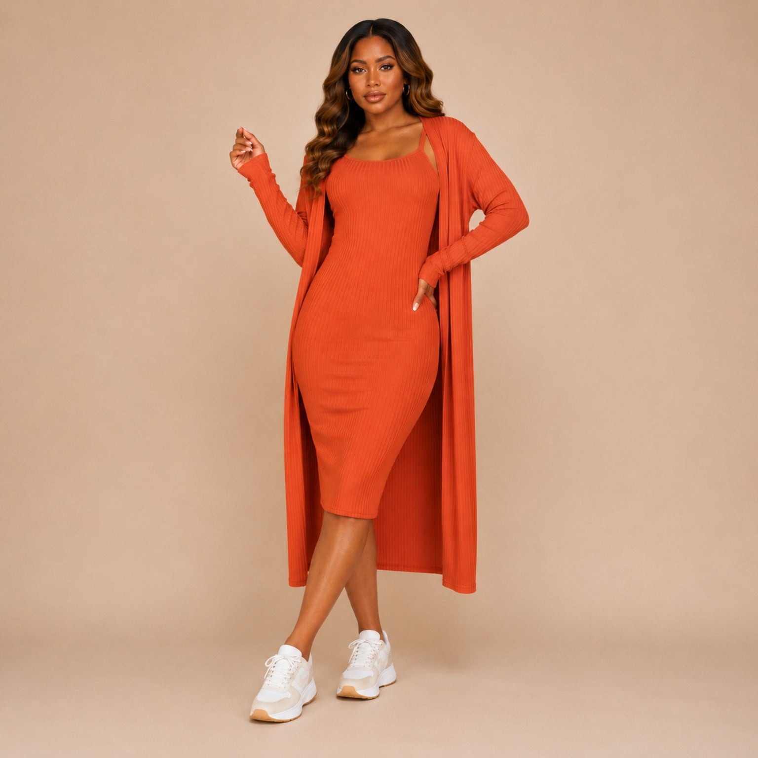 Black Ribbed Cardigan & Midi Dress Set | Kloset 518