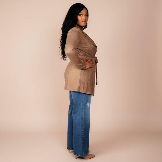 Suede Tie Waist Cardigan - Walnut