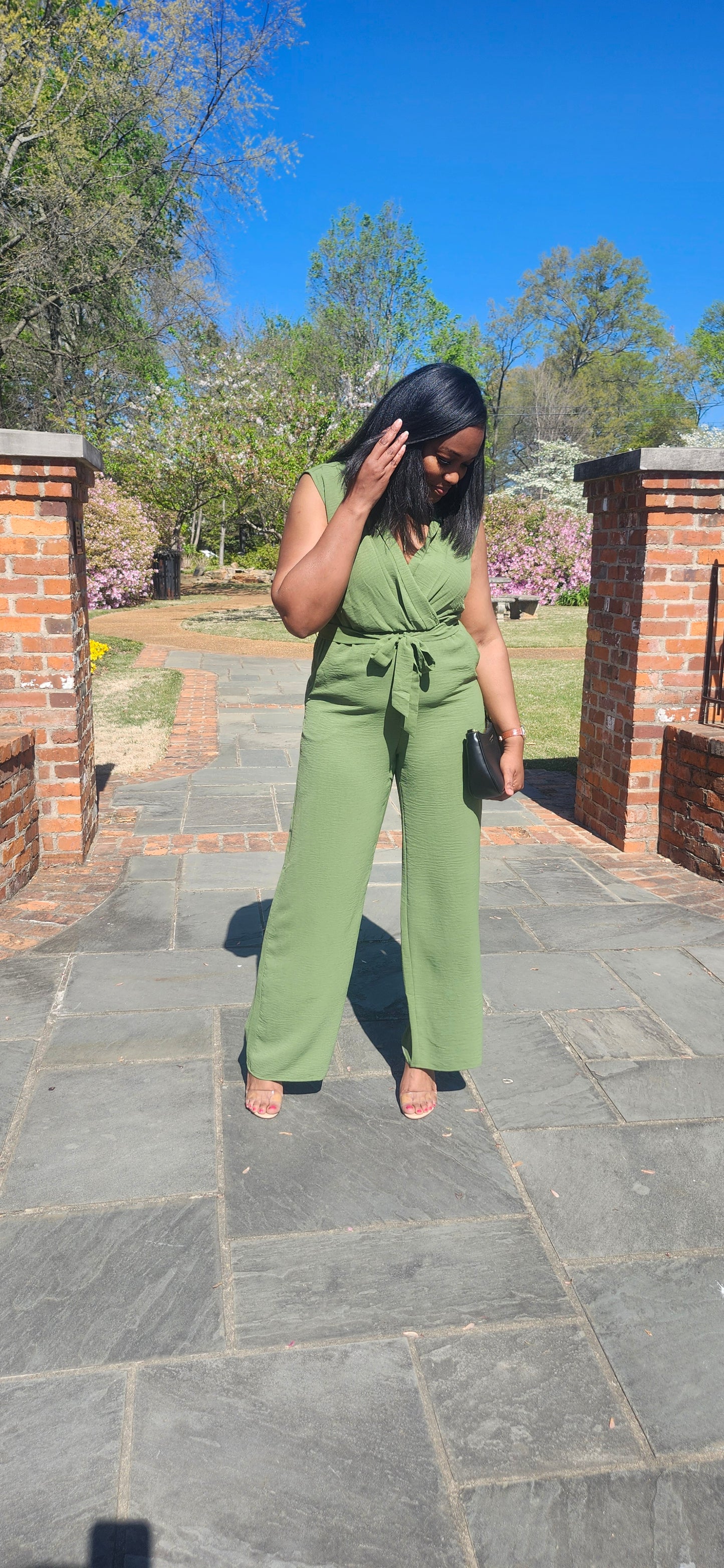 TIE WAIST WRAP JUMPSUIT (Olive Green)