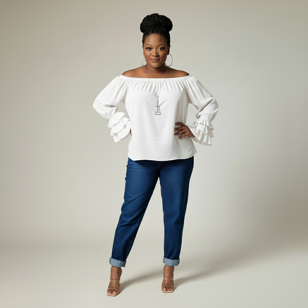 Off Shoulder Ruffle Sleeve Shirt (White)