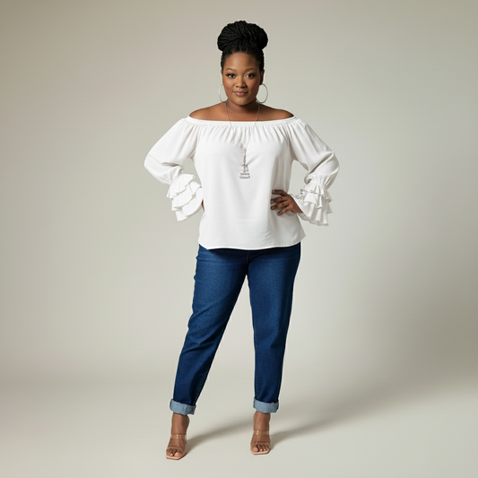 Off Shoulder Ruffle Sleeve Shirt (White)
