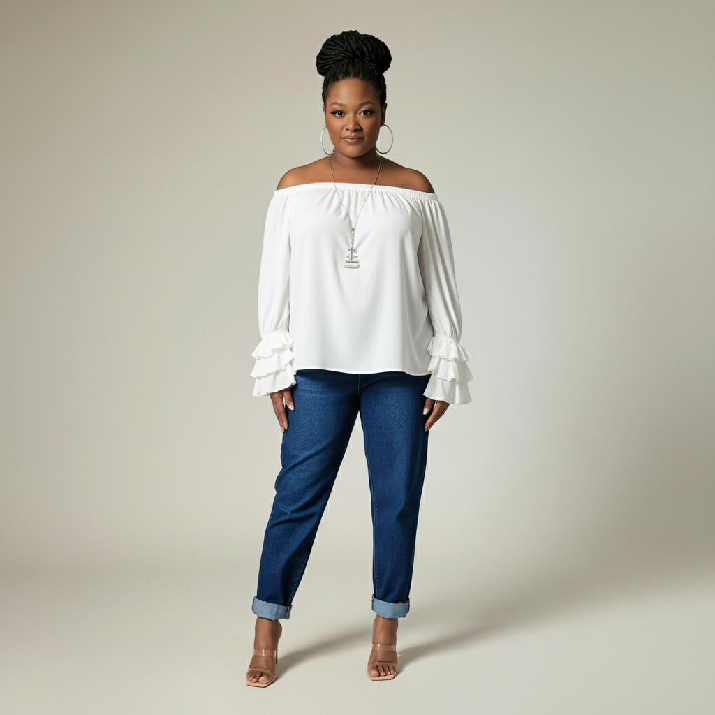 Off Shoulder Ruffle Sleeve Shirt (White)