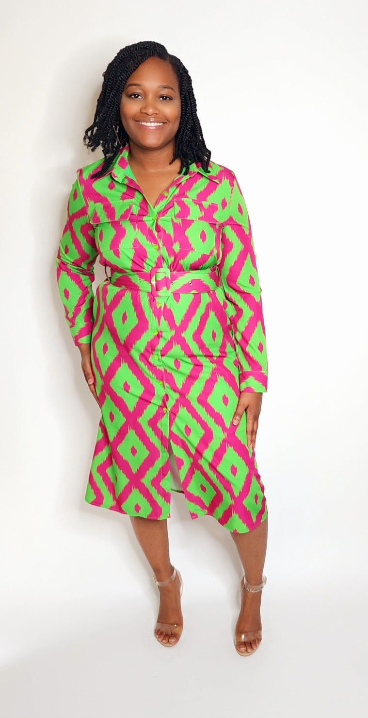 Career Chic Dress (Fuchsia/Green)